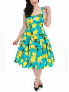 Hearts & Roses London Lemon Print Turquoise Swing Dress Size 12
